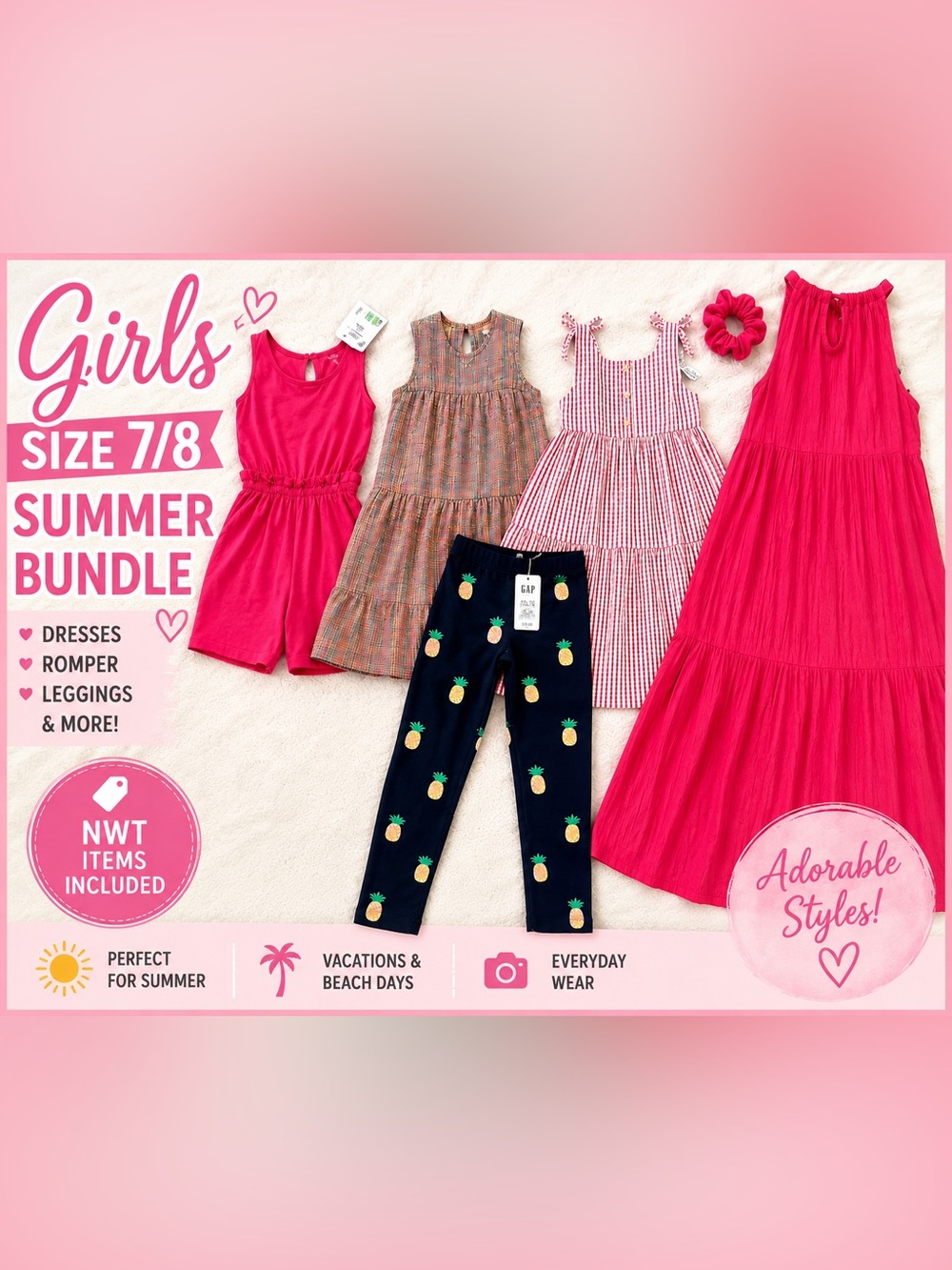 🌸 Girls Summer Clothing Bundle | Sizes 7/8–14/16 | Dresses, Romper & GAP Legging